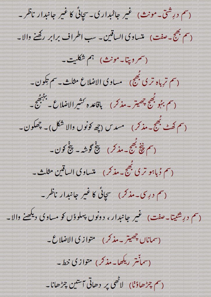 ,  متساوی الساقین مثلث,سم درسی, غیر جانبدار ,سم درشٹیتا,غیر جانبدار,سماناں چھیتر, متوازی الاضلاع,سمانتر ریکھا,  متوازی خط,سم چڑھاؤنا, 