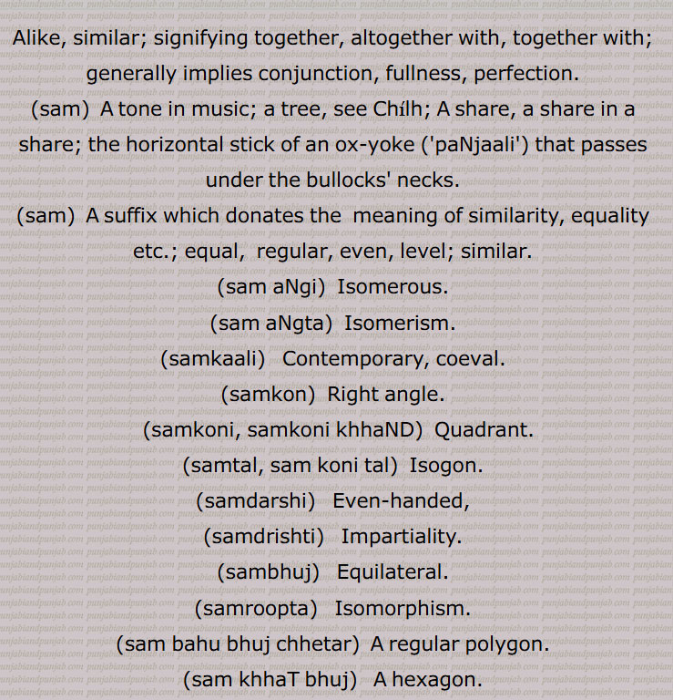 Alike, similar; signifying together, altogether with, together with; generally implies conjunction, fullness, perfection. 
,sam, sam aNgi, Isomerous, sam aNgta, samkaali, samkon,  Right angle,samkoni, samkoni khhaND,  Quadrant, samtal, sam koni tal,  Isogon, samdarshi, Even-handed,samdrishti,  Impartiality, sambhuj,   Equilateral, samroopta,   Isomorphism,sam bahu bhuj chhetar, regular polygon, sam khhaT bhuj,  hexagon, sampaNch bhuj, pentagon, sam dubaahoo taribhuj,  isosceles triangle, sam darsi, sam darishTeta, samaanaaN chhetar, parallelogram, samaaNtar rekha,  parallel, samtaribaah tri bhuj, Equilateral triangle, (samm,  ferrule, metallic ring or sleeve, samm chaRhauna, sam,  Cheelh, panjali, samtaribah tri bhuj, sam khat bhuj, sampanch bhujn sam dubahu taribhuj, sam darsi, sam darishteta, samanan chhetar,  samantar rekha,  samm, 