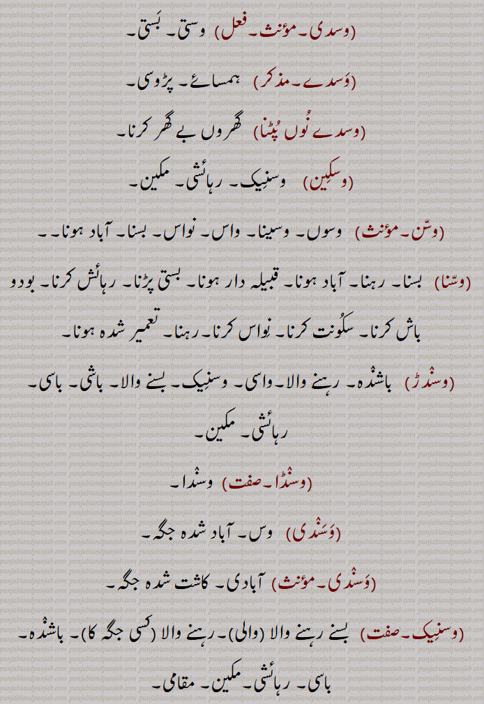  وسدا ہسدا, وسدی, وسدے, وسدے نوں پٹنا, وسکین, وسن, وسنا,وسندڑ,وسنڈا, وسندی, وسندی, وسنیک,وسوآں,