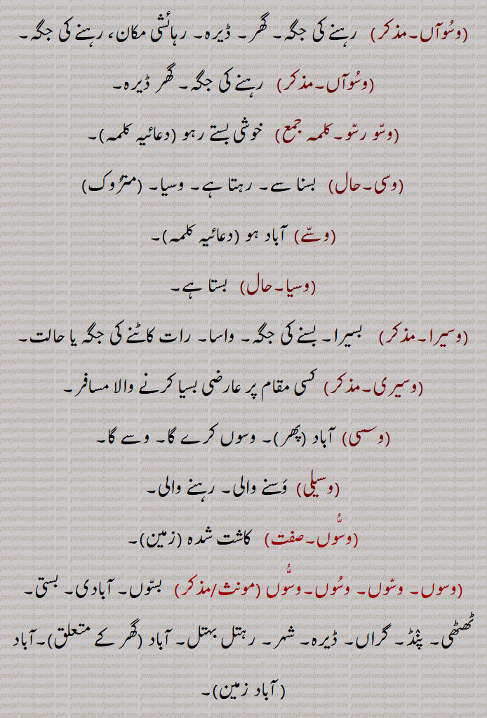 ,وسو رسو,وسی,وسے,وسیا,وسیرا, بسیرا,وسیری,وسسی,وسیلی,وسوں,  بسوں, آبادی, بستی,رہتل بہتل,وسوں رسوں, وسوں بنھنا,وسوں وان, 