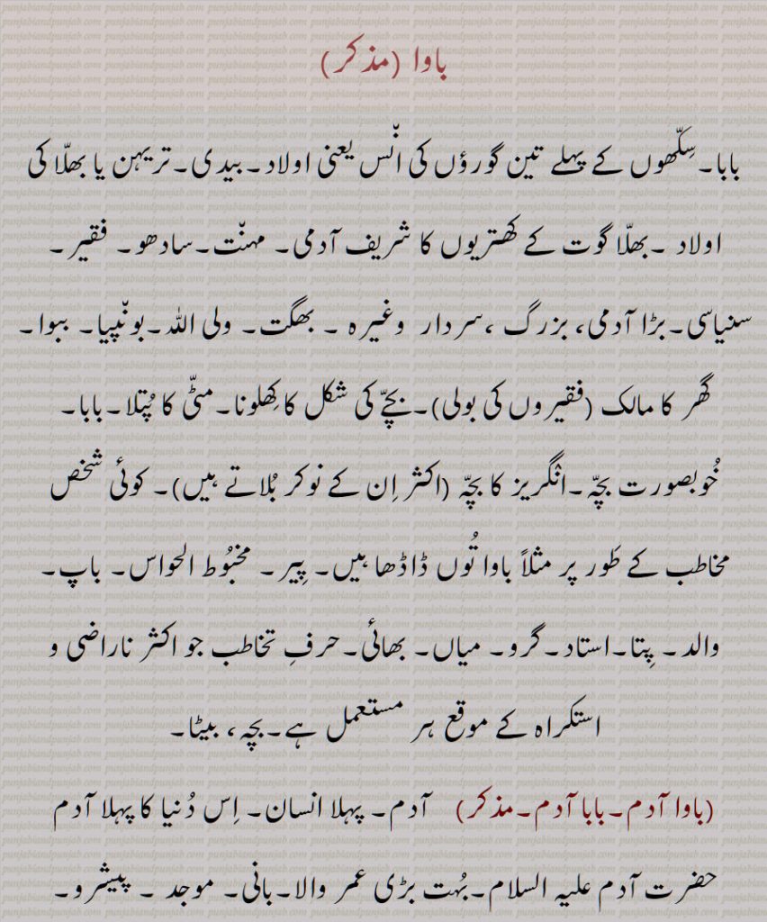 باوا , بابا,سکھوں کے پہلے تین گورؤں کی انس یعنی اولاد,بیدی,تریہن یا بھلا کی اولاد ,بھلا گوت کے کھتریوں کا شریف آدمی, مہنت,سادھو, فقیر,سنیاسی,بڑا آدمی، بزرگ ،سردار  وغیرہ , بھگت, ولی اللّٰہ,بونپیا, ببوا,گھر کا مالک (فقیروں کی بولی),بچے کی شکل کا کھلونا,مٹی کا پتلا,بابا,