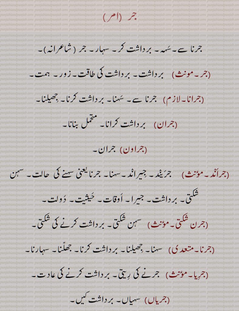 جر , جرنا سے,سہہ, برداشت کر, سہار,, جرانا,جران,جراون,جراند,جرن شکتی,جرنا,جریا,جریاں,جریند,جرن,جرے,جراں,جردا,