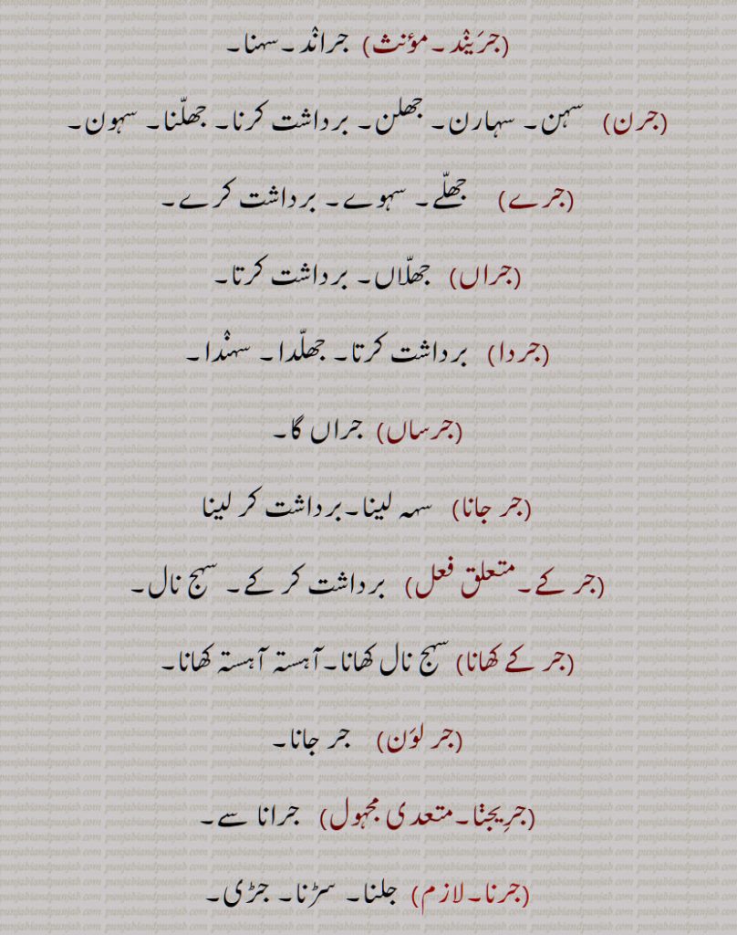جرساں,جر جانا,,جر کے,جر کے کھانا,جر لون,,جریجنا,جرنا,جراٹھا,جرانا,جراند,جرائے,جرلاون,جر جر,جرجرا,,جر,جر جیوکا,جرا,