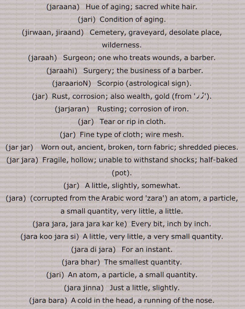 graveyard,,jaraah, Surgeon,jaraahi,jaraarioN,  Scorpio (astrological sign),jar,  Rust, , gold ,,jarjaran,jar,  Tear or rip in cloth,jar,jar jar,jar jara,  A little, ,jara,zara,jara jara, jara jara kar ke,jara koo jara si,jara di jara,jara bhar),jari,  An atom,,jara jinna,jara bara,jirna, jaran,jara siNdh,jarwaana, jarwaani, powerful,jara siNdh,  The name of a fabled king,,jari,jari baadla,Gold and silver thread,mere yaar di jari jari),jar, ਜਰਵਾਣਾ, ਜਰ , Mimusops Kauki ,ਜਰਾ,ਜਰਾਹ,ਜਰਾਹੀ,ਜਰਨਾ,  ਜਰਵਾਣੀ , ਜਡ਼ਯਾਂ ,ਜਰੀ 