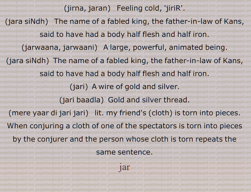 graveyard,,jaraah, Surgeon,jaraahi,jaraarioN,  Scorpio (astrological sign),jar,  Rust, , gold ,,jarjaran,jar,  Tear or rip in cloth,jar,jar jar,jar jara,  A little, ,jara,zara,jara jara, jara jara kar ke,jara koo jara si,jara di jara,jara bhar),jari,  An atom,,jara jinna,jara bara,jirna, jaran,jara siNdh,jarwaana, jarwaani, powerful,jara siNdh,  The name of a fabled king,,jari,jari baadla,Gold and silver thread,mere yaar di jari jari),jar, ਜਰਵਾਣਾ, ਜਰ , Mimusops Kauki ,ਜਰਾ,ਜਰਾਹ,ਜਰਾਹੀ,ਜਰਨਾ,  ਜਰਵਾਣੀ , ਜਡ਼ਯਾਂ ,ਜਰੀ 