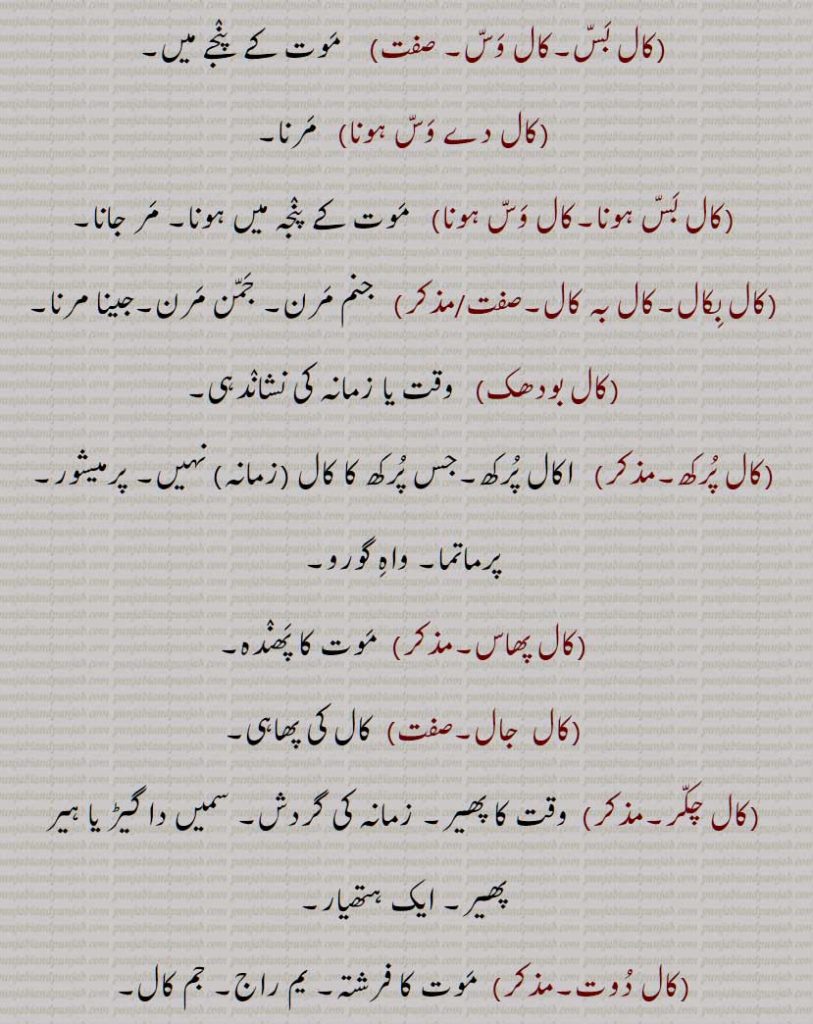 ,گرامر میں تینوں زمانوں میں سے کوئی ایک یعنی ورتمان  , بھوکھت  , کال آنا, کال اگنی,  کال بتانا, کال بس,کال وس, کال دے وس ہونا, کال بس ہونا,کال وس ہونا, کال بکال,کال بہ کال, کال بودھک, کال پرکھ, کال پھاس,