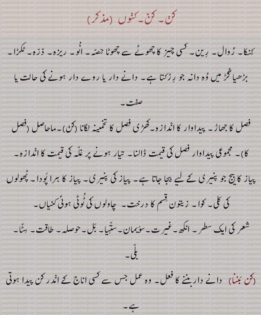کن  ,کنوں,کنکا, روال, رین, کسی چیز کا چھوٹے سے چھوٹا حصہ, انو, ریزہ, ذرہ, ٹکڑا,بڑھیا گڑ میں وہ دانہ جو رڑکتا ہے, دانے دار یا روے دار ہونے کی حالت یا صفت,فصل کا جھاڑ, پیداوار کا اندازہ,کھڑی فصل کا تخمینہ لگانا (کڽ),ماحاصل (فصل کا), مجموعی پیداوار فصل کی قیمت ڈالنا, تیار ہونے پر غلہ کی قیمت کا اندازہ,پیاز کا بیج جو پنیری کے لیے بیجا جاتا ہے,