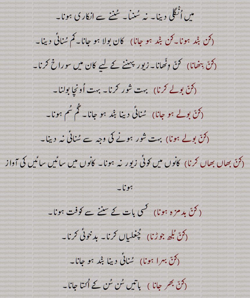 کن بند ہونا,کن بند ہو جانا,کن بنھانا,کن بولے کرنا,کن بولے ہو جانا,کن بولے ہونا,کن بھاں بھاں کرنا, کن بدمزہ ہونا,,کن بلھ جوڑنا,کن بہرا ہونا,کن بھر جانا,,
