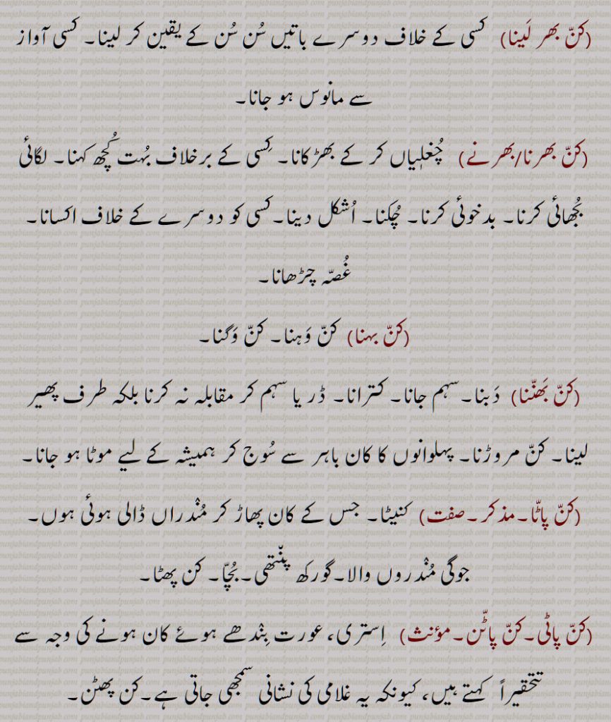  کن بھر لینا,کن بھرنا/بھرنے,کن بہنا, کن وہنا, کن وگنا,,کن بھننا,کن پاٹا,کن پاٹی,کن پاٹن,,