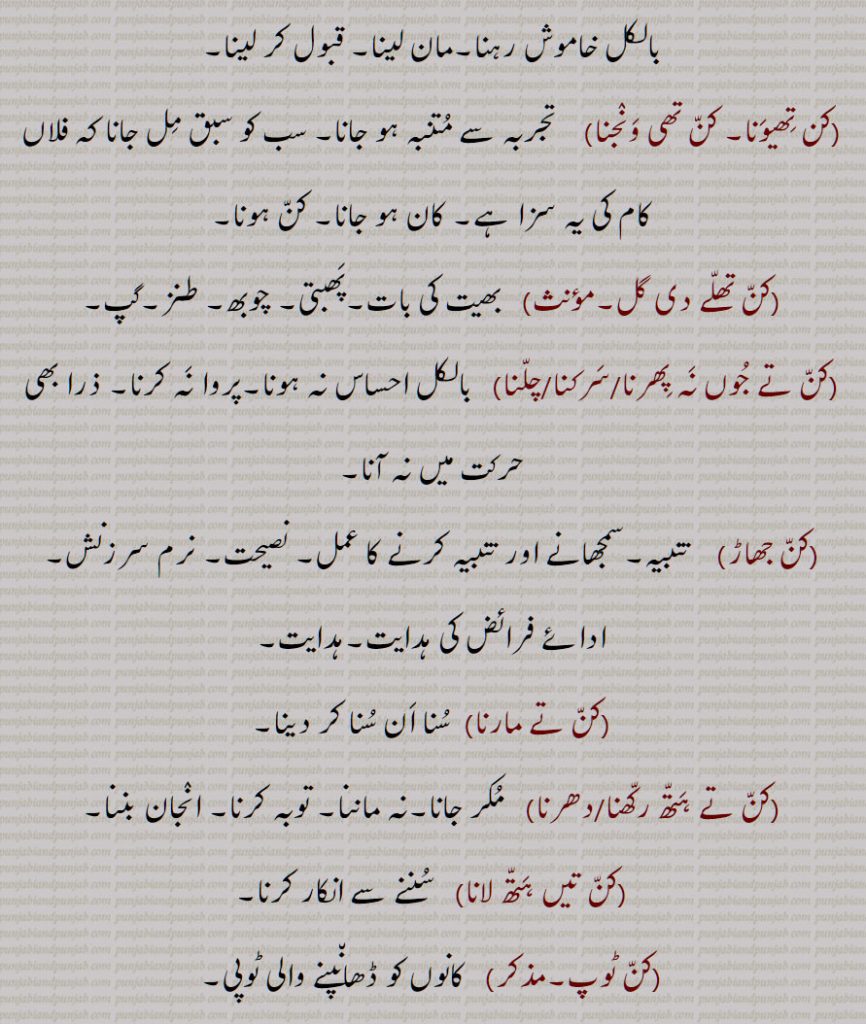 ,کن تھیونا, کن تھی ونجن,کن تھلے دی گل,کن تے جوں نہ پھرنا/سرکنا/چلنا,کن جھاڑ,کن تے مارنا,کن تے ہتھ رکھنا/دھرنا,کن تیں ہتھ لانا,کن ٹوپ
