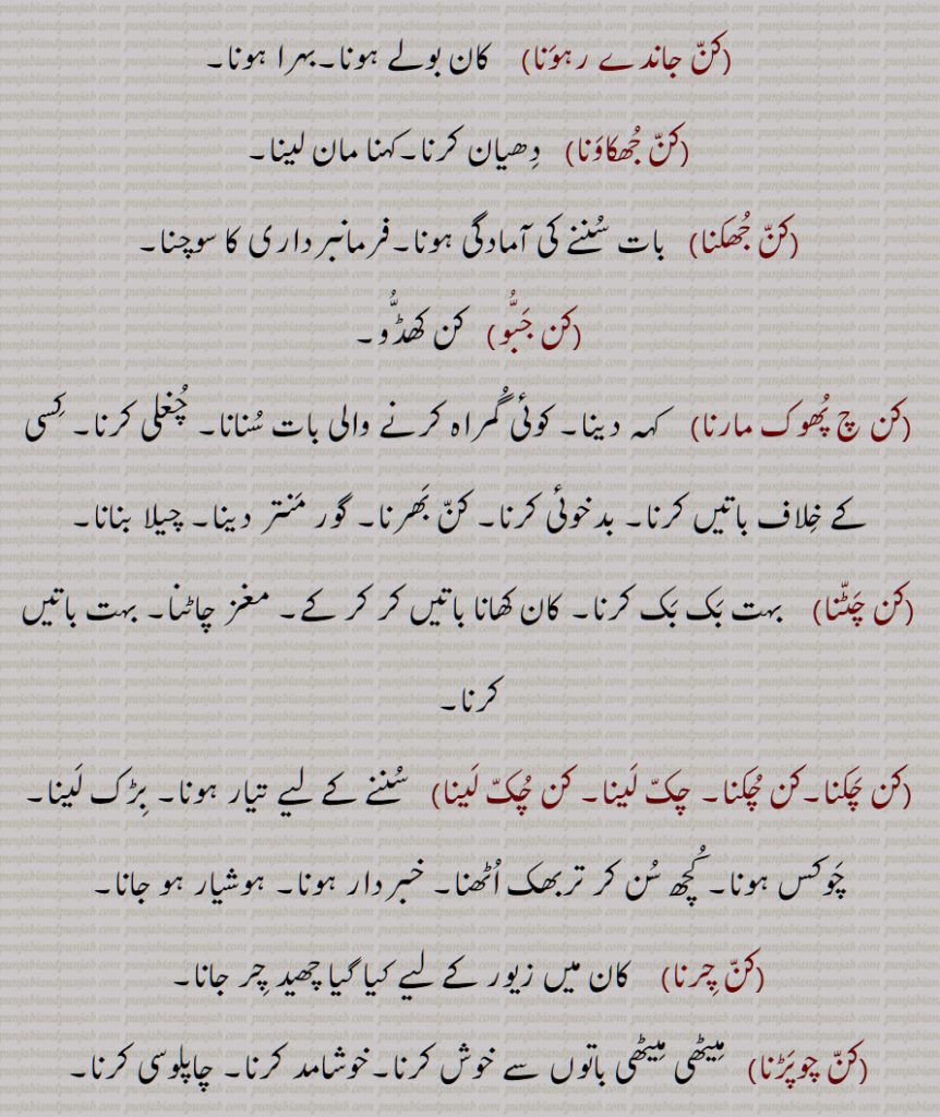 کن جاندے رہون,کن جھکاونا,کن جھکنا,کن جبو,کن چ پھوک مارنا,کن چٹنا,کن چکنا,کن چکنا, چک لینا, کن چک لینا,کن چرنا,کن چوپڑنا