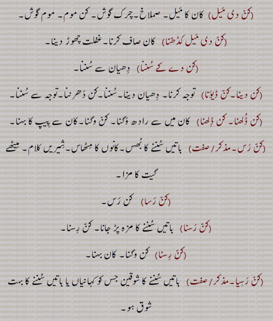 کن دی میل,کن دی میل کڈھنا,کن دے کے سننا,کن دینا,کن ڈیونا,کن ڈلھنا, کن ڈلھنا,کن رس,کن رسا,کن رسنا,کن رسنا,کن رسٖیا,