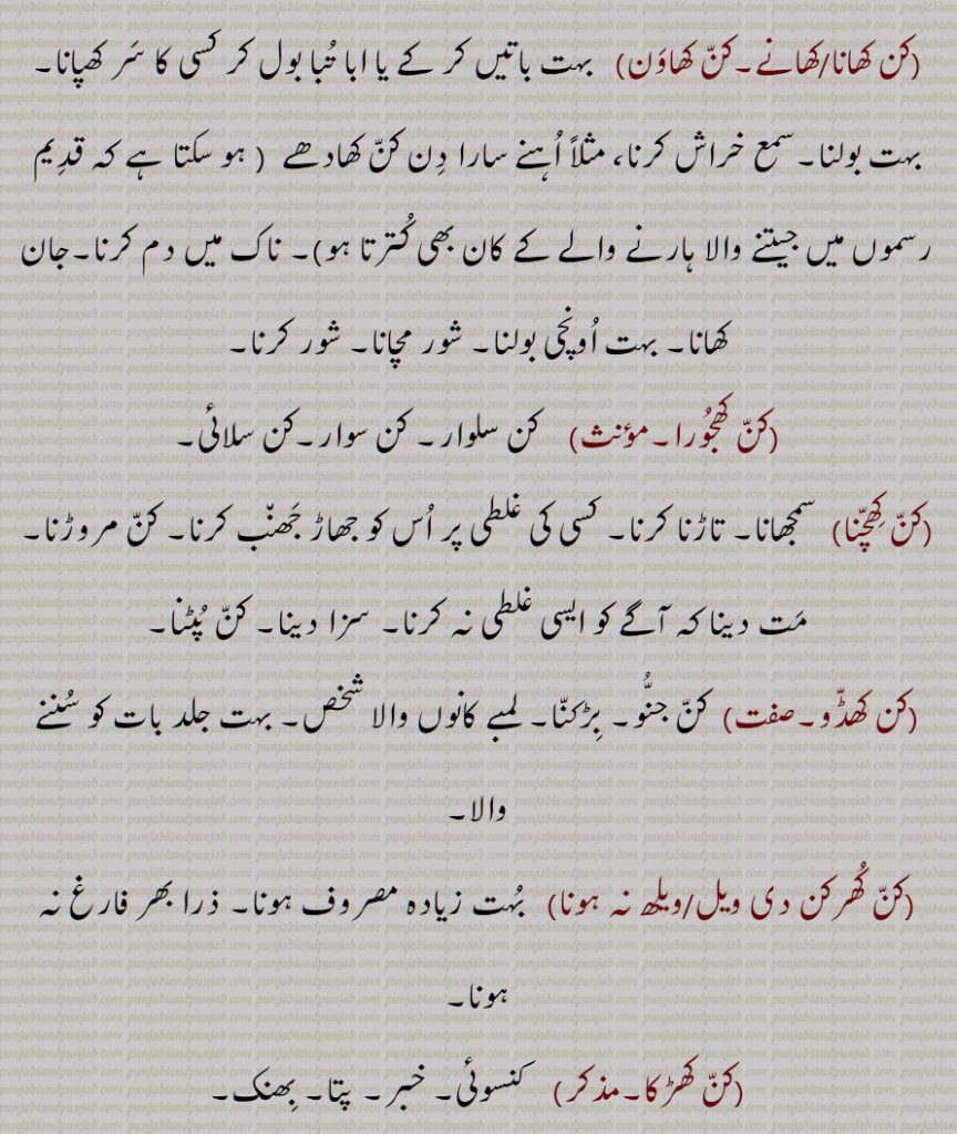 کن کھانا/کھانے,کن کھاون,کن کھجورا,کن کھچنا,کن کھڈو,کن کھرکن دی ویل/ویلھ نہ ہونا,کن کھڑکا,