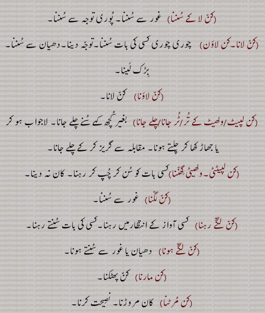 کن لا کے سننا,کن لانا,کن لاون,کن لاونا,کن لپیٹ/ولھیٹ کے تر/ٹر جانا/چلے جانا,کن لپیٹٹی,ولھیٹی گھننا,کن لگنا,کن لگے رہنا, کن لگے ہونا,کن مارنا,کن مرٹنا