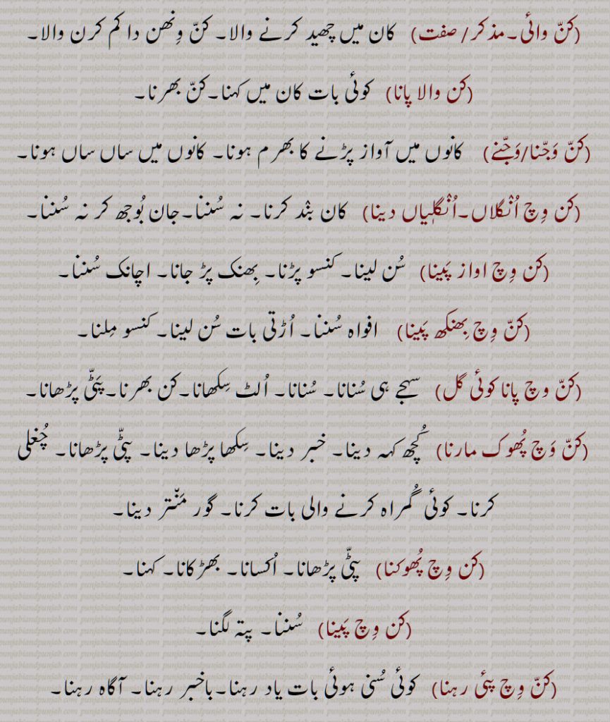 کن وائی,کن والا پانا,کن وجنا/وجنے,کن وچ انگلاں,انگلٖیاں دینا,کن وچ اواز پینا,کن وچ بھنکھ پینا,کن وچ پانا کوئی گل,کن وچ پھوک مارنا,کن وچ پھوکنا,کن وچ پینا,کن وچ پئی رہنا,