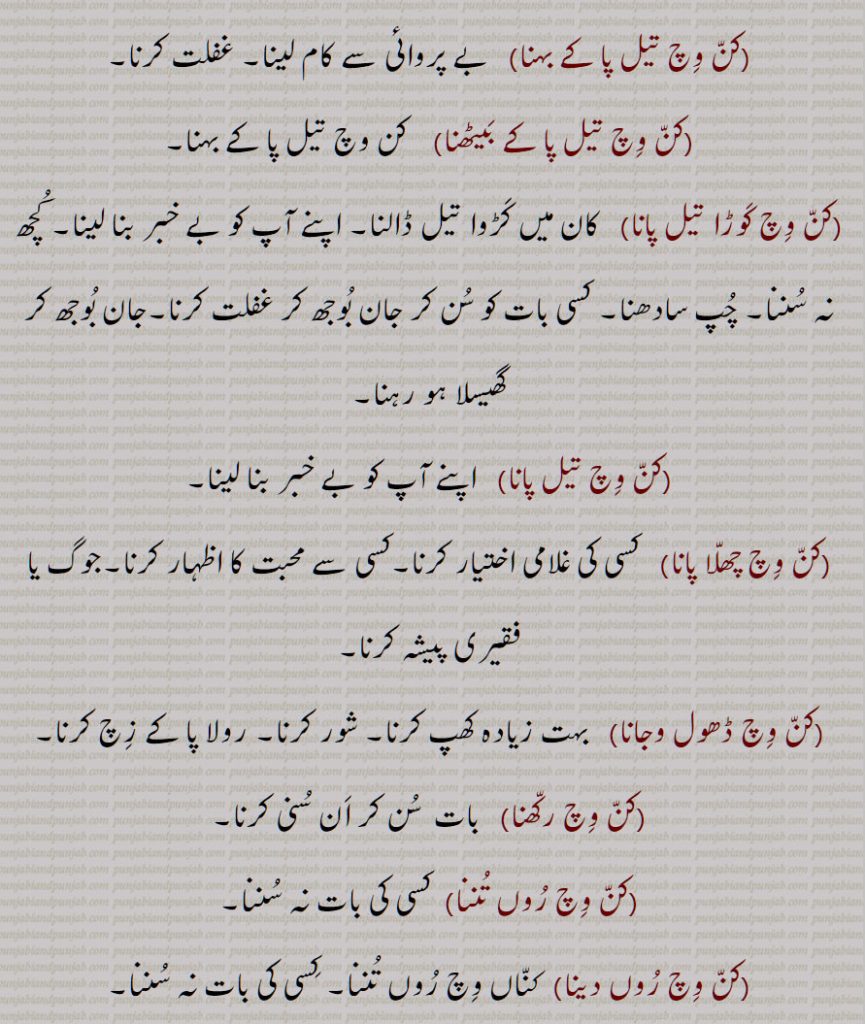 کن وچ تیل پا کے بہنا,کن وچ تیل پا کے بیٹھنا,کن وچ کوڑا تیل پانا,کن وچ تیل پانا,کن وچ چھلا پانا,کن وچ ڈھول وجانا,کن وچ رکھنا,کن وچ روں تننا,کن وچ روں دینا,
