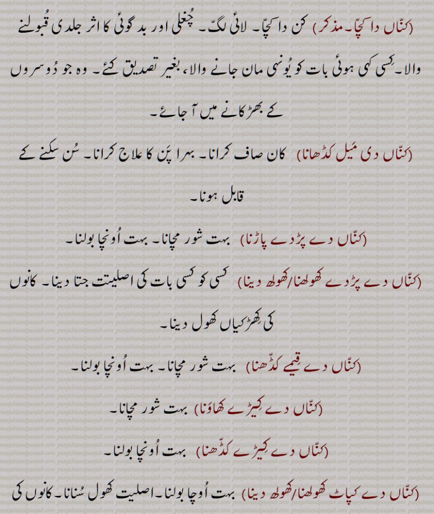 چ انگلاں دے لینا,کناں چ ڈھول بجنا,,کناں چ سر کرنا,کناں چ مار چھڈنا,,کناں چوں کڈھ جوڑنا,کناں دا کچا,کناں دی میل کڈھانا,, کناں دے پڑدے پاڑنا,کناں دے پڑدے کھولھنا/کھولھ دینا,,کناں دے قیمے کڈھنا,کناں دے کیڑے کھاونا,کناں دے کیڑے کڈھنا,کناں دے کپاٹ کھولھنا/کھولھ دینا