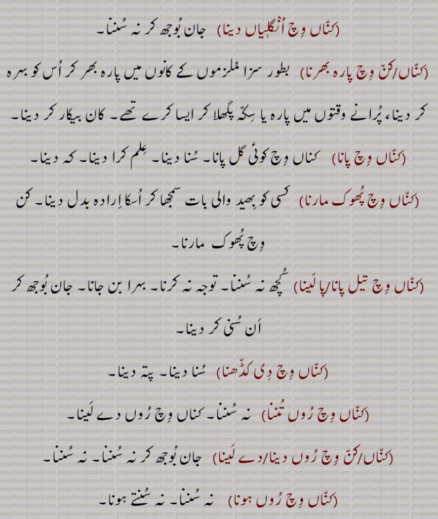 کناں وچ انگلٖیاں دینا,,کناں/کن وچ پارہ بھرنا,کناں وچ پانا,کناں وچ پھوک مارنا,کناں وچ تیل پانا/پا لینا,کناں وچ دی کڈھنا,کناں وچ روں تننا,