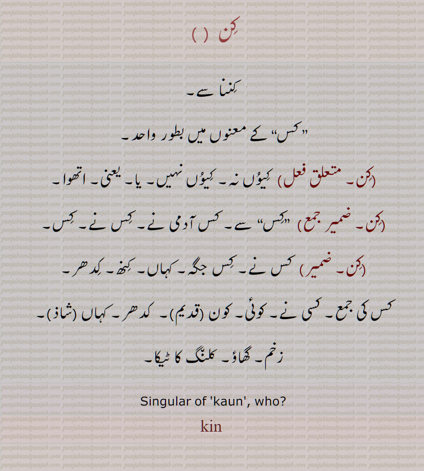 کِن  ,کن , کس  کے معنوں میں بطور واحد, who, kin , ਕਿਨ