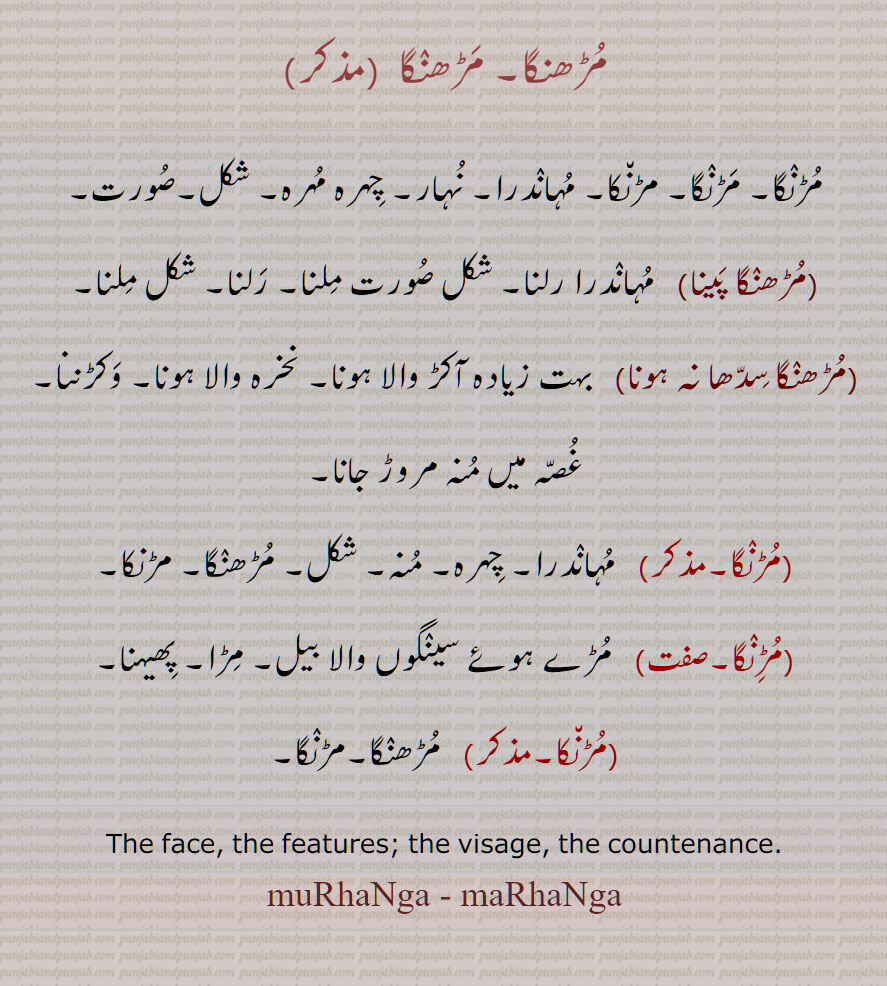 مڑھنگا, مڑھنگا ,مڑنگا, مڑنگا, مڑنکا ,مُڑھنگا, مَڑھنگا ,مُڑنگا, مَڑنگا, مڑنکا,
مُڑنگا, مَڑنگا, مڑنکا,مڑنگا, مڑنگا, مڑنکا, مہاندرا, نہار, چہرہ مہرہ, شکل,صورت,,مڑھنگا پینا,مڑھنگا سدھا نہ ہونا,مڑنگا, مڑنگا,مڑنکا, مڑھنگا,مڑنگا, The face, the features; the visage, the countenance, muRhaNga, maRhaNga,ਮੜੰਕਾ, ਮੜੰਗਾ, ਮੁੜੰਕਾ, ਮੁੜ੍ਹੰਗਾ, ਮੁਡ਼ੰਗਾ,