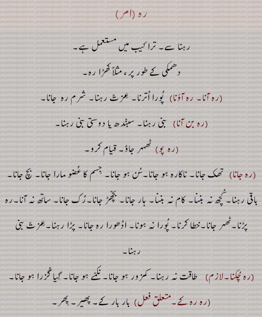 رہ,رہنا,رہ آنا, رہ آونا,رہ بن آنا,رہ  پو,رہ جانا,رہ چکنا,رہ رہ کے,رہ نہ آنا,  گزارہ نہ ہونا, پوریاں نہ اترنا,,رہ نہ سکنا,رہ ونجنا,رہا,رہیا,رہانا,رہاونا,رہائی,رہن,رہن,رہن بہن,رہن تے بہن,رہن دینا,رہن ناہیں,رہن ستھان,رہن سہن,رہن ہارا,رہنا,