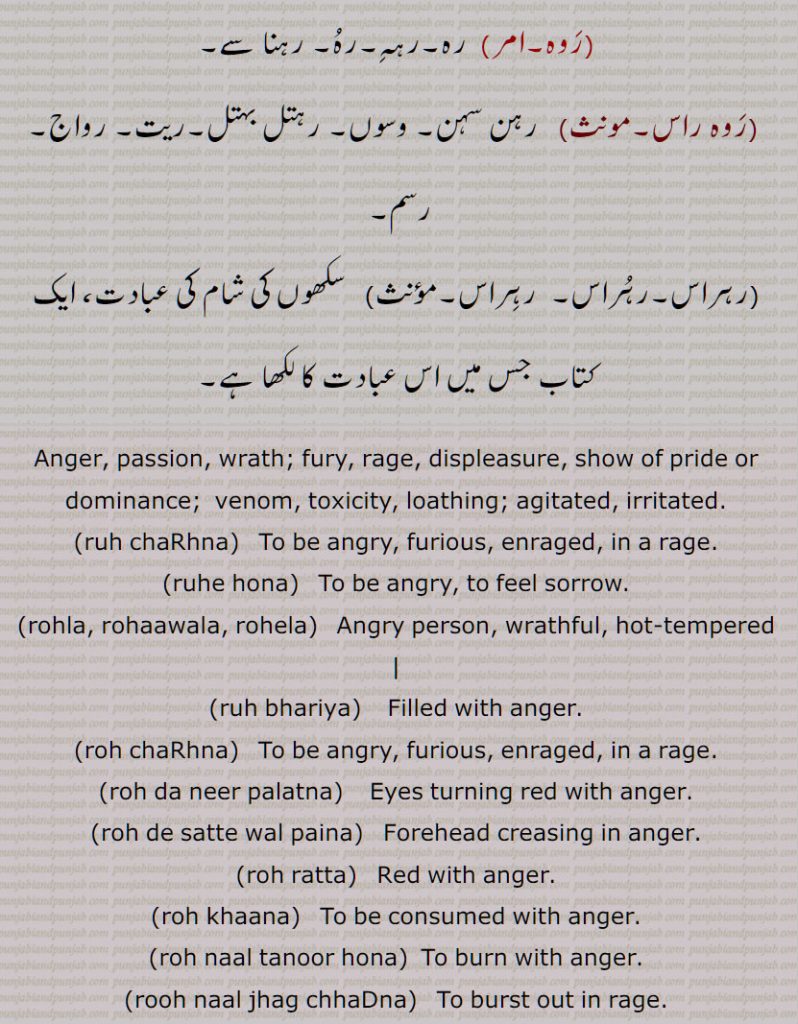 rooh naal jhag chhaDna, roh wich aana, roh wadhaana, roh naal bhare phirna,roh naal, ruhla, ruhella, roheella, ruhla, roh, roh, roh di umar howay, roh laRi, roheiN, roh lataaRna, reh, rahu, roh, Rohu (type of fish), Nilgai (blue bull), rahiraas, rahuraas, rahraas, ruh,