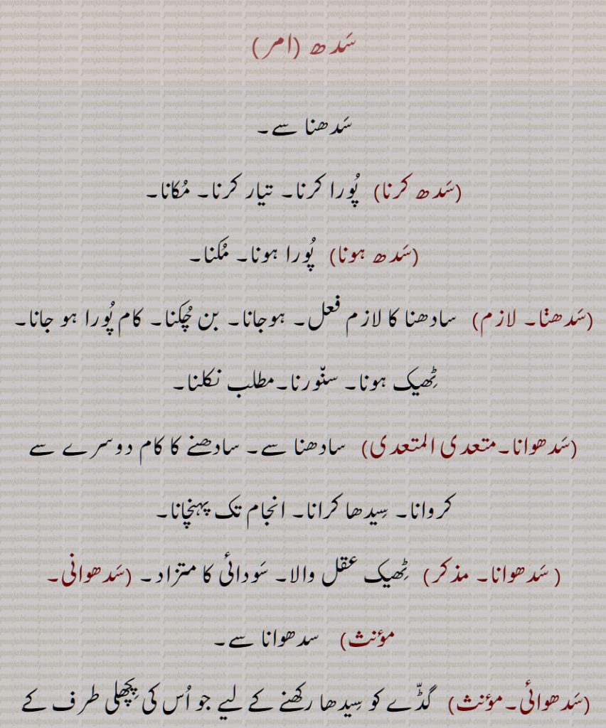 سدھ, سَدھ,سدھ کرنا,سدھ ہونا,سدھنا,سادھنا ,سدھوانا, سدھوانا,سدھوائی,From 'sadhna',  sadh karna,sadh hona, sadhna, sadhwaana, sadhwaani,sadhwai, sadh,ਸਧ,  ਸਧਣਾ,  ਸਧਵਾਈ,