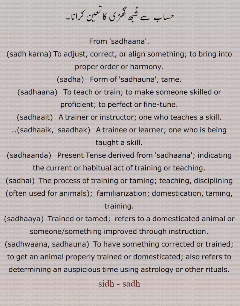 سِدھ,سدھ,  سدھانا ,سدھ کرنا, سدھا,سدھانا,سدھائت, سدھائک, سدھاندا, سدھائی,سکھلائی,جانور کو سکھانا, سدھایا,, سدھوانا,سدھؤانا, sadhaana, sadh karna, To adjust, correct, or align something; to bring into proper order or harmony, sadha, sadhaana,  sadhaait, sadhaaik,  saadhak, sadhaanda,  sadhai, sadhaaya, sadhwaana, sadhauna,sidh, sadh, ਸਧ, ਸਾਧਕ, ਸਿਧਾ, ਸਿਧਾਉਣਾ, ਸਿਧਾਈ,