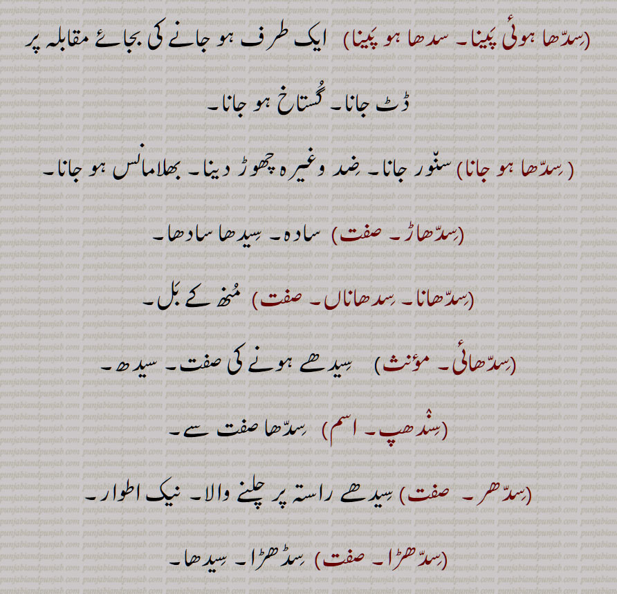 سدِھیر,  سِدھا سلٖیٹ,سِدھا سنجوگ,سِدھا فاصلہ,سِدھی دوری,سِدھا کرنا,سِدھا گیڑا,سِدھا لِیکا,سِدھا ہوئی پینا, سدھا ہو پینا, سِدھا ہو جانا,سِدھاڑ,سِدھانا, سِدھاناں, سِدھائی, سِندھپ, سِدھر,سِدھڑا,  سِدھڑی,, سِدھواٹر,سِدھوٹ,,سِدھوڑ,سِدھی,سِدھی پدھری,سِدھی چال,سِدھی طرحاں, سِدھی کاٹ,سِدھی نہ کر دینا,سِدھے, سِدھے,سِدھے دِن,سِدھے دِن آنا,سِدھے دِن ہونا,سِدھے سادے,سِدھے متھے, سِدھے منھ, سِدھے منہ گل نہ کرنا, سِدھے منہ ڈینڈا, سِدھے ہتھیں نہ آنا, سِدھے ہو پینا, سِدًھے ہونا,,سِدھیاں سنانا