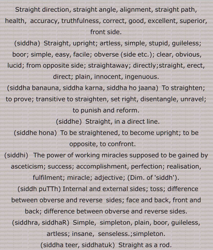 Straight direction, straight angle, alignment, straight path, health,  accuracy, truthfulness, correct, good, excellent, superior, front side, siddha, siddha banauna, siddha karna, siddha ho jaana, siddhe, siddhe hona, siddhi, siddh puTTh, siddhra, siddhaR, siddha teer, siddhatuk, siddh sateer, siddh sataol, siddh paddhra, siddha paddhra, siddh paddra, siddhiaaN sunaunna, siddhi tarha, siddhe hatthi, siddh din, siddh muh  gall na karna, sidhauna, sidhat, sidhatvadi, sidhrna, siddha teer, siddha paddhra, siddh puTTha, siddha faaslah, siddhi dooori, siddh,