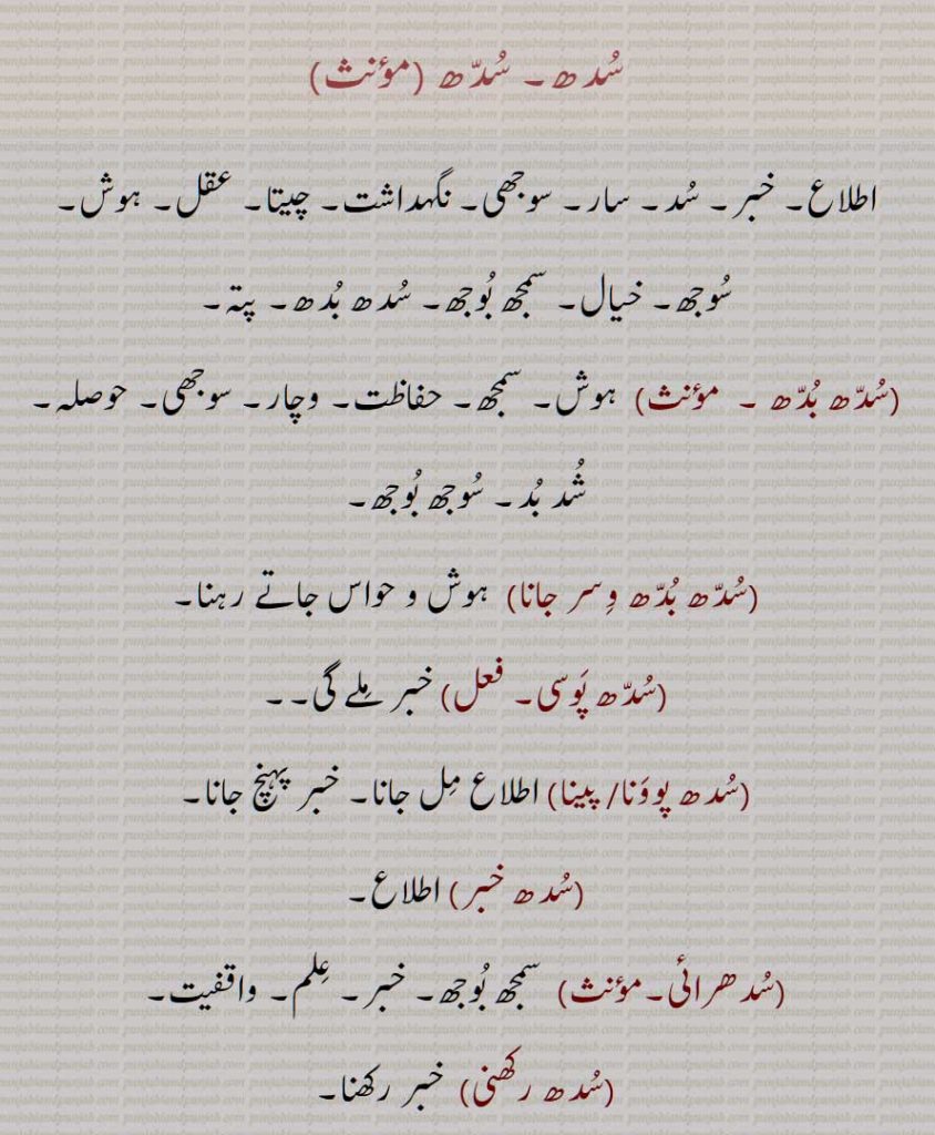 سدھ , سُدّھ, اطلاع, خبر, سد,  سار,  سوجھی , نگہداشت, چیتا, عقل, ہوش, سوجھ, خیال, سمجھ بوجھ, سدھ بدھ, پتہ ,سدھ بدھ وسر جانا,سدھ پوسی,سدھ پوونا,سدھ پینا,سدھ خبر,سدھرائی,سدھ رکھنی,سدھ سما,سدھ سنیہا,سدھ لہنا, Memory, consciousness, sensation; notice, care, regard: news, information; remembrance, recollection; attention, sense; perceptiveness, intelligence, sudh rakkhni, sudh powan,  sudh na rahni, sudh budh, sudh laini, sudh, suddh, ਸੁੱਧ , ਸੁਧ ,ਸੁੱਧ ਨਾ ਰਹਿਣੀ,ਸੁੱਧ ਬੁੱਧ,