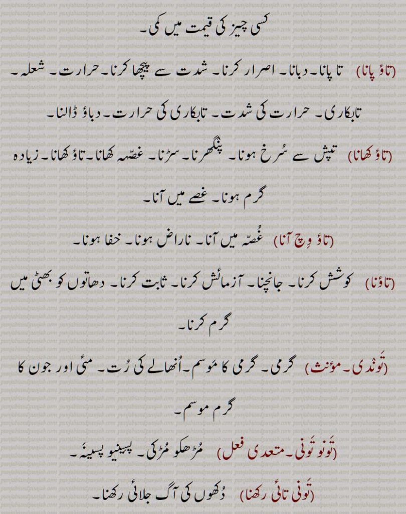 تونی لاہنا,تاؤنی لہنا,تونی لہنا,تاؤنی تانا,تونی تانا,تاؤ, تا, تآ, تو, تاؤ,سورج یا آگ کی گرمی,تاؤ پانا,تاؤ کھانا,تاؤ وچ آنا,تاؤنا,توندی,تونو تونی,تونی تائی رکھنا,تاؤ, مویشیوں کی ایک بیماری,تاوی,تھاوی,