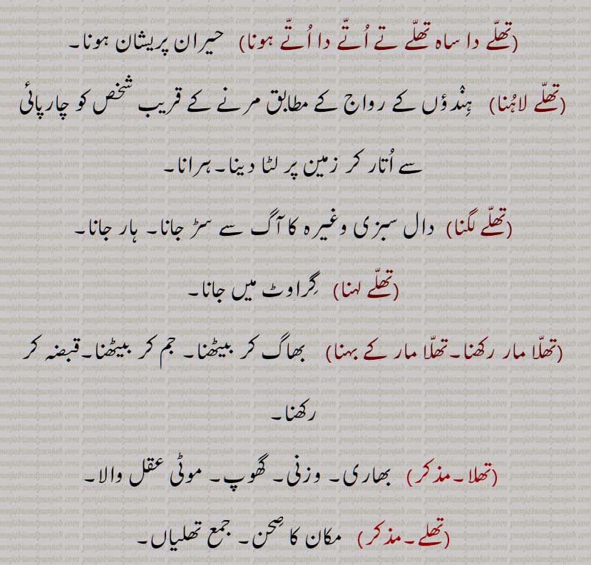 , تھلے تھلے جانا, تھلے جانا, تھلا ملّا, تھلے دا ساہ تھلے تے اُتے دا اتے ہونا, تھلے لاہنا, تھلے لگنا, تھلے لہنا, تھلا مار رکھنا,تھلا مار کے بہنا, تھلا, تھلے,