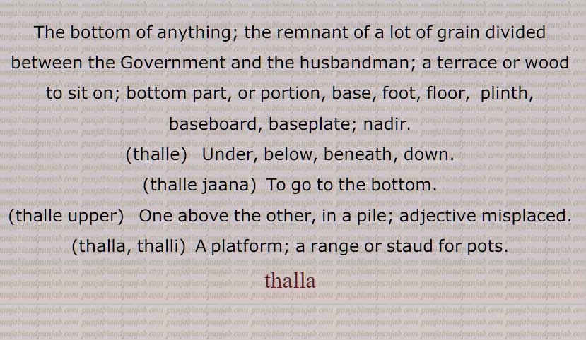  The bottom of anything; the remnant of a lot of grain divided between the Government and the husbandman; a terrace or wood to sit on; bottom part, or portion, base, foot, floor,  plinth, baseboard, baseplate; nadir, thalle, thalle jaana, thalle upper, thalla, thalli, thalla, , ਥੱਲਾ, ਥੱਲੇ,  ਥੱਲੇ ਉੱਪਰਉੱ,
