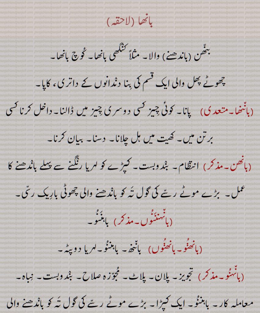 بانھا , باندھنے  والا, باننھا, بانھن, بانہنننوں, باہننو,بانھنو,بانھنوں,لہریا دوپٹہ, بانہنو,بانھنو بنھنا, بانھنی, بانھنے, بانھو, بانھواں, بنھواں, One who ties or binds, baaNnhna, baaNhnoo, baaNhnanoo, baanha, ਬਾਂਨ੍ਹਾ, ਬਾਨ੍ਹਾ, ਬਾਂਹਨਨੂ, ਬਾਂਹਨ ,