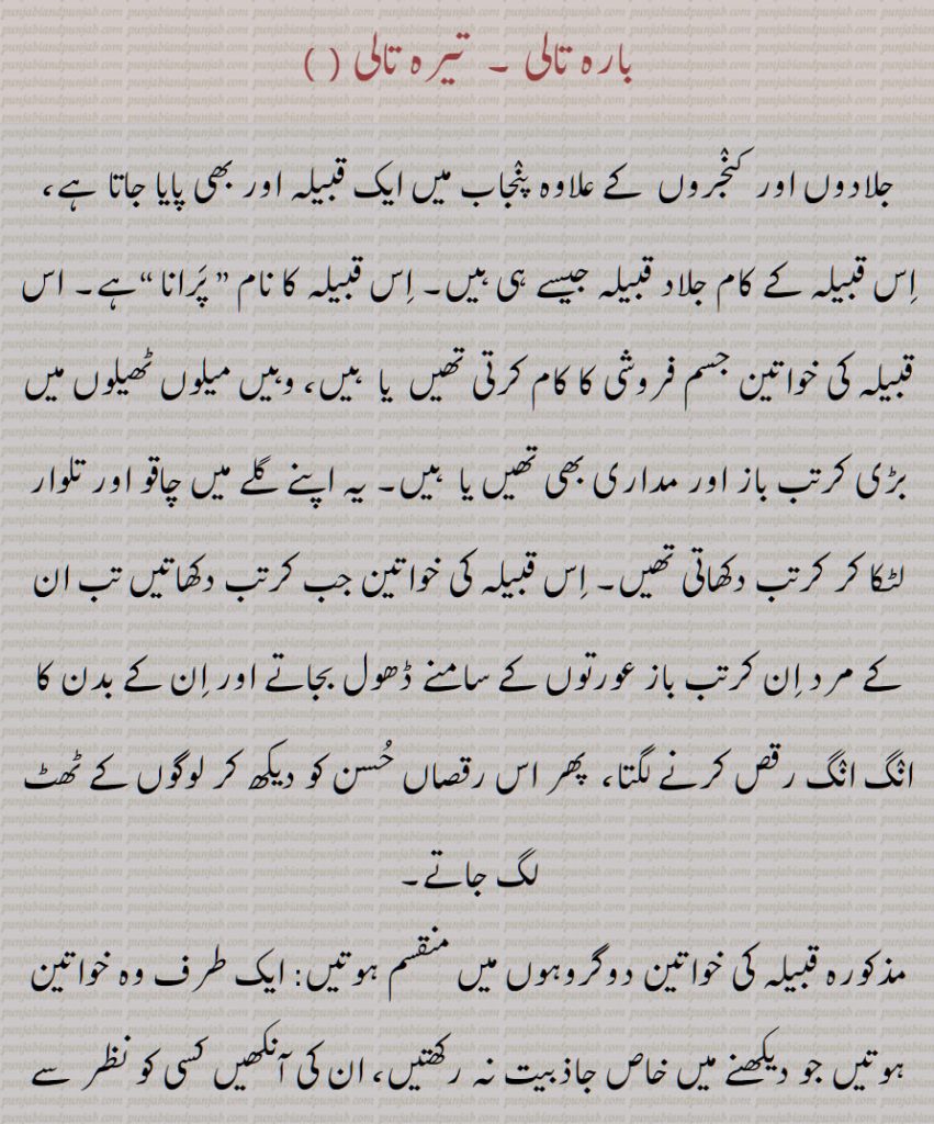 بارہ تالی, تیرہ تالی ,تیراں تالی , تیرھاں  تالی ,تیرہاں تالی , ایک قبیلہ , پَرانا ,
,تیرھاں تالن,  تیرھاں تالی,  بہت چالاک, ہوشیار عورت, چلتر عورت,   Very clever, smart woman, cunning woman, baarah taali , terah taali  ,barah tali , terah tali, terah talan, terah taalan,ਬਾਰਾ ਤਾਲ਼ੀ, ਤੇਰਾ ਤਾਲ਼ੀ, ਤੇਰਾਂ, ਤੇਰਾ ਤਾਲਨ,
