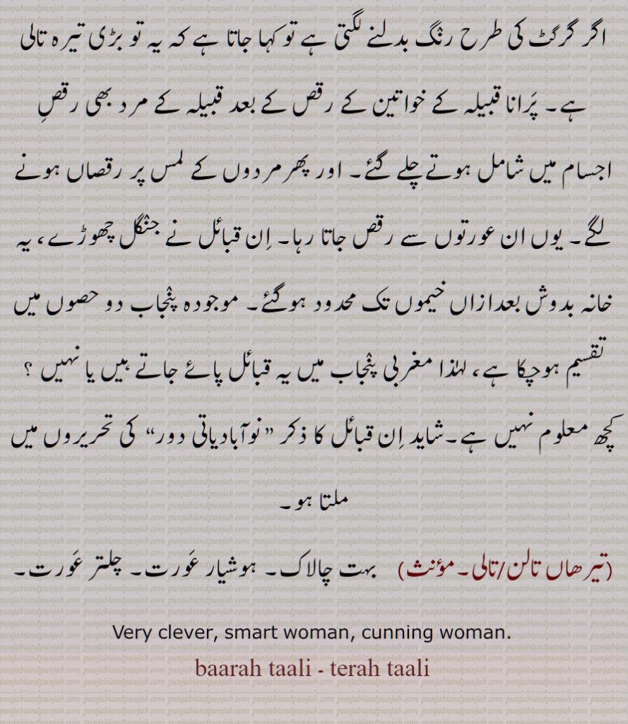 بارہ تالی, تیرہ تالی ,تیراں تالی , تیرھاں  تالی ,تیرہاں تالی , ایک قبیلہ , پَرانا ,
,تیرھاں تالن,  تیرھاں تالی,  بہت چالاک, ہوشیار عورت, چلتر عورت,   Very clever, smart woman, cunning woman, baarah taali , terah taali  ,barah tali , terah tali, terah talan, terah taalan,ਬਾਰਾ ਤਾਲ਼ੀ, ਤੇਰਾ ਤਾਲ਼ੀ, ਤੇਰਾਂ, ਤੇਰਾ ਤਾਲਨ,