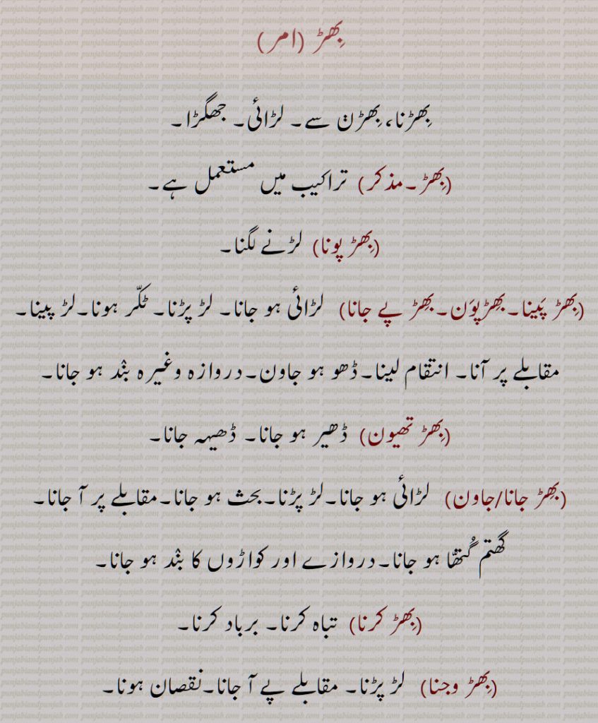 بِھڑ, بھڑ, لڑائی, جھگڑا, بھڑ پونا, بھڑ پینا,بھڑپون,بھڑ پے جانا,دروازہ وغیرہ بند ہو جانا,بھڑ تھیون,بھڑ جانا جاون,بھڑ کرنا, تباہ کرنا, برباد کرنا, بھڑ وجنا,لڑ پڑنا,بھڑونجنا,بھڑونا,بھڑنا,بھڑڽ,بھڑواون,بھڑواونا,بھڑیون ,بھڑتھا,بھڑدا,بھڑیا,بھڑسی,بھڑا,بھڑانا,بھڑان,بھڑاون,بھڑا دینا,