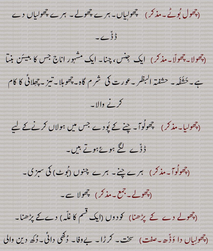 چھول,لہر,موج,مدوجزر,ساحل سے ٹکرانے والی لہرورں کا تلاطم ,کنارے کا تلاطم,جوار بھاٹا,ہجوم,طوفان, آوارگی,چھولی,چھولی آونا,چھولی دینا,چھولٖیاں ڈیونا,چھولیاں,چھول,چھول بوٹے,چھولیا,چھولوآ,چھولے دے  کے  پڑھنا,چھولیاں دا وڈھ,,چھول مٹھی کرنا,چھولی,چھولی,,,Wave, surge, tides; the turmoil of waves crashing against the shore ,the turmoil of the coast,storm, wandering, chhola, chholiya, chhola, chholla, chholooa, chhol ,Pudmul,  , ਛੋਲ,ਛੋਲਾ, ਛੋਲੇ , ਛੋਲੀਆ, ਛੋੱਲਾ, ਛੋਲੂਆ,