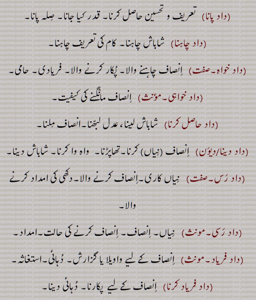 ,داد خواہ,داد خواہی,داد حاصل کرنا,داد دینا ,داد رس۔صفت,داد رسی,داد فریاد,داد فریاد کرنا ,داد ملنا,داد مراد پچانا,داد منگنا,