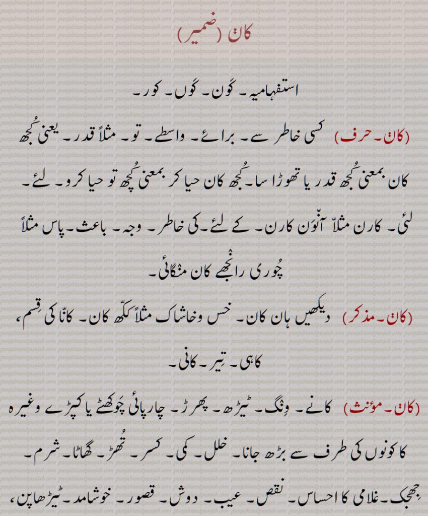 کان , استفہامیہ, کون, کوں, کور,  کسی خاطر سے, خس وخاشاک , تیر,کانی, ٹیڑھ, چارپائی چوکھٹے یا کپڑے وغیرہ کا کونوں کی طرف سے بڑھ جانا,  عیب,ٹیڑھاپن, ایک آنکھ ہونے کی حالت, کانا, کبوتر,کان پے جانا,کان  پینا,پھل سبزی میں کیڑا پڑ جانا,کان کڈھنا,کان کرنا,کان مننا,دباؤ ماننا,کانوں,کانوں پینا, کاݨ, Interrogative, who; whom, whose,kaan, Defect, slant as in a cot frame, fault, blindness in one eye, for sake, for, reason,kaaղ,kaan,کان, ਕਾਣ, ਕਾਣਾ,kan,   