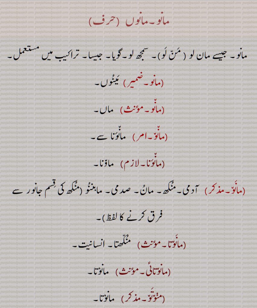 مانو,مانوں , من لو, سمجھ لو,مانونا,آدمی,منکھ,, ماہننو ,مانوتا,مانوتائی,مڽوتو,مانو ادھیکار,مانو شاستر, بشریات,مانو ہتیسی, انسان دوست,مانوواد,انسان شناس,مانووادی,,معتقد انسانیت,مانو وگیان,گیان,,مانو روپواد,عقیدۂ بشر پیکری,تجسیمیت,تشبیہیت,تجسیمی مسلک,حلولیت,مانو روپوادی,اوتار لینا,مانو روپی, تجسیمی,تشبیہی,مانوی,انسانیت کی فلاح کا علم بردار,مانوی کرن,مانویکرن کرنا,ماؤ,ماونا, منونا, میونا, میونا,مانواں,مانوی,  مانمی,مانویں,