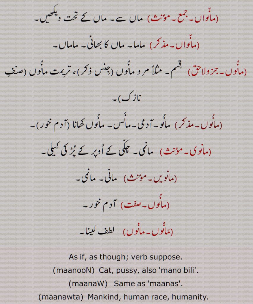 As if, as though, suppose, maanooN, maanaW, maanas, manawta,  Mankind, humanity, maanaw adhikaar,  Human right, manaw shaastar,  Anthropology, manaw hitaishi, Humanitarian, manaw giaan, manaw roopwad,   Anthropomorphism, manaw roopawadi,  Anthropomorphis,manaw rupee, manaweekaran, manaweekaran karna, manawawaad, Humanism, manawawaadi,   humanistic,  humanitarian, manawi, Human, humanitarian, maano, maanoo,