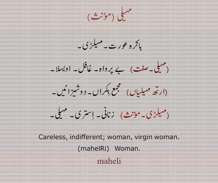 مہیلی ,مہیلڑی, زنانی, استری,Careless, indifferent, virgin woman, mahelRi, maheli, ਮਹੇਲੀ , ਮਹੇਲੜੀ , ارتھ مہیلیاں