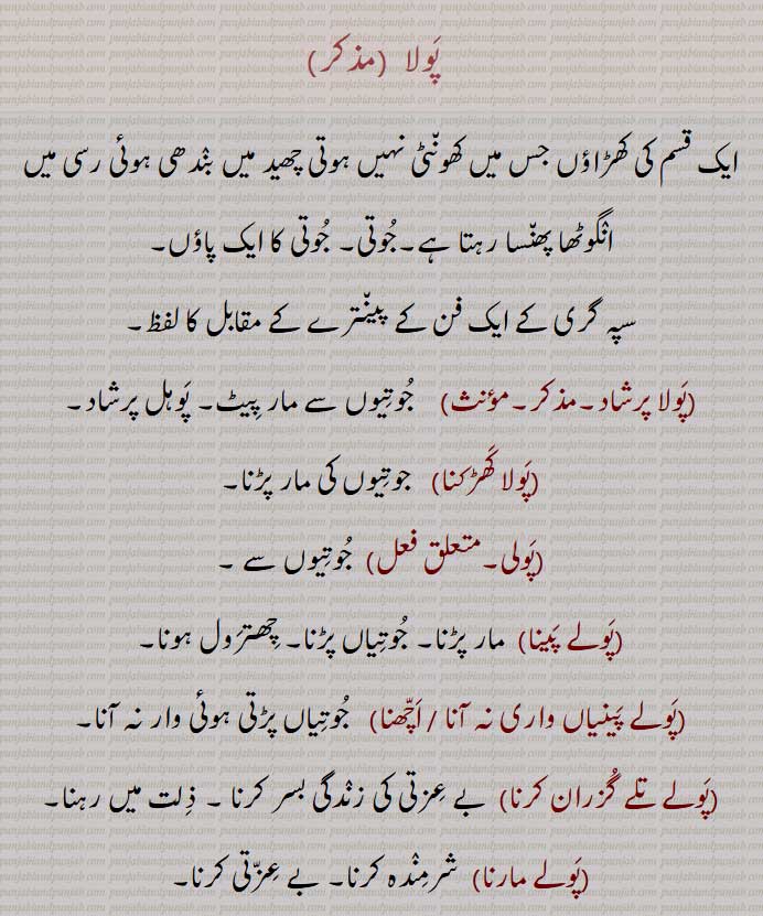    پولا ,پَولا, پَولّا , جوتی,جوتی کا ایک پاؤں,پولا ای اوہ گڈی والے,پولا پرشاد,پولا کھڑکنا,پولی,پولے پینا,پولے تلے گزران کرنا,پولے مارنا   شرمندہ کرنا,پولیاں نال اڈانا, A shoe; one of a pair of shoes, paola , paolla,paula , paulla, ਪੌੱਲਾ, ਪੌਲਾ,پولا ,پَولا, پَولّاپولی , پولیاں,کپاسیا,  میئدینی, کوریالا, کھپ,