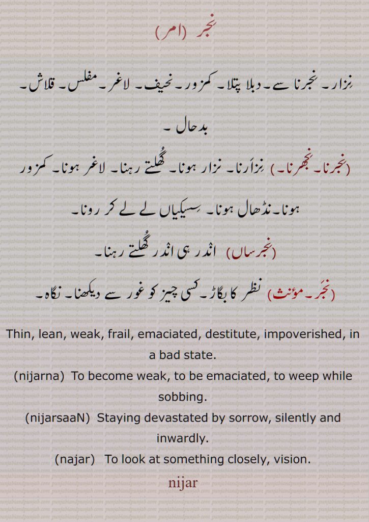 نِجر, نِزار ,دبلا پتلا, کمزور,نحیف, لاغر,نِجرنا,نِجھرنا , نِزاَرنا, نزار ہونا, گُھلتے رہنا, نِجرساں,نجَر, نگاہ,نجرنا,نجرساں,بجر,Thin, lean, weak, frail, emaciated, destitute, impoverished, in a bad state, nijarna, nijarsaaN, najar, vision, nijar, ਨਿਜਰ, 