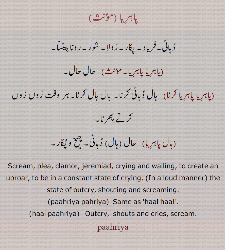 , دہائی,فریاد, پکار,رولا, شور,رونا پیٹنا , پاہریا پاہریا, پاہریا پاہریا کرنا, ہال پاہریا, Scream, plea, clamor, jeremiad, crying and wailing, to create an uproar, to be in a constant state of crying, paahriya pahriya,  haal paahriya, paahriya, پاہرِیا ,