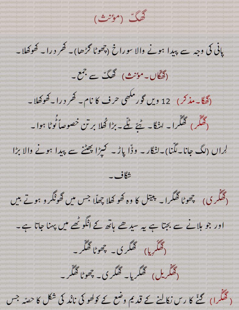 گھگ  ,سوراخ , کھردرا, کھوکھلا,گھگاں,گھگا,گھگر,گھگرا, لہنگا, ,بڑا کھلا برتن خصوصاً ٹوٹا ہوا,شگاف,گھگری, پیتل کا وہ کھو کھلا چھلا جس میں گھونگرو ہوتے ہیں ,گھگرِیا,گھگریل, گھگرا,گھگھر,گھاگھر,  گھگھر,ہکڑا   دریا
, گھگّ  , گھگّاں,گھگا,گھگّر,گھگّرا ,گَھگّری, گَھگََرِیا,گَھگْریل, گَھگّرا,گھگّھر 
hole, a hollow, a cavity,hoarse, ghaggaaN, ghagga, ਘ, ghaggar, ghaghra,, ghaggri, ghaggriya, ghaggrel, Ghaggra, ghaggar, Ghaggar-Hakra as a river system, ghagg, ਘੱਗ, ਘੱਗਾ, ਘੱਗਾਂ, ਘੱਗਰਾ, ਘਾਗਰੀ, ਘਾਘਰਾ,  ਘਾਗਰਾ, ਘਗਰੇਲ 