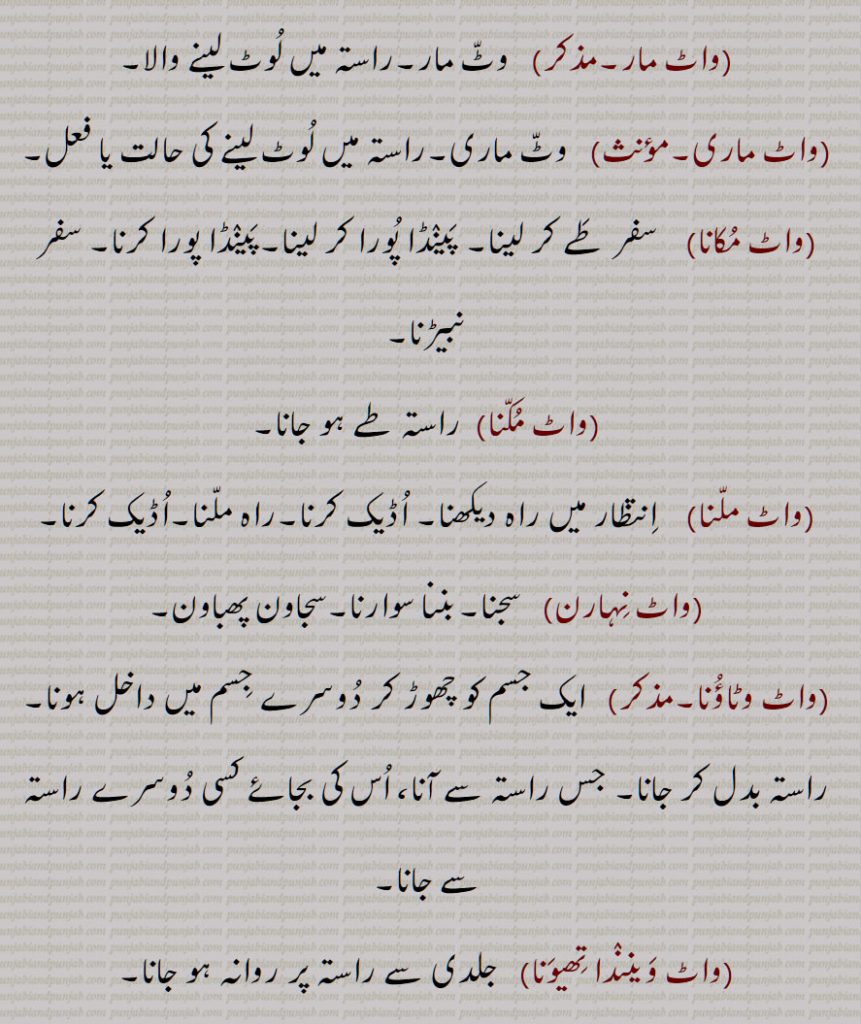 واٹ ,باٹ,وٹ,دگ,پگڈنڈی,راستہ, سڑک,سمت,,دو ڈھلوان سطحوں کا خط اتصال, ریت, رواج,ترکھ,تیزی, واٹ اڈیکنا,انتطار کرنا,اڈیکنا,راہ تکنا, واٹ بندھنا,واٹ بھالنا,واٹ پینا,واٹ تکنا, واٹ توڑنا, واٹ توں گھول گھمانا,واٹ جھاگن,واٹ جوہنا,واٹ چیرنا,واٹ دیکھنا,واٹ ڈیون,واٹ کھوٹی ہونا, واٹ گھنن, واٹ لمّی ہونا, واٹ مار, واٹ ماری,واٹ مکانا, واٹ مکنا, واٹ ملنا, واٹ نہارن, واٹ وٹاؤنا,, واٹ وینندا تھیونا, واٹا گاہی, واٹا واہنا, واٹاؤ, واٹڑی, واٹم, واٹم تھیونا,واٹم تھیون, واٹو واٹ,واٹے واٹ, واٹیں, واٹاں, واٹاں اڈیکنا, واٹاں اکھیاں وچ لنگھنا, واٹاں جھاگنا, واٹاں چیر کے آنا, واٹاں چوکٖھیاں ہونا, واٹاں لمّٖیاں ہونا, واٹاں مارنا, واٹی, واٹے, واٹے,واٹ, واٹے چھڈنا, واٹ, واٹی,واٹی, پیتل کا طشت,باتی, بتی,عمارت,, واٹا, کریر کا پھول,واڑا آنا,واڑاپینا, واٹواں, واڑواں,
