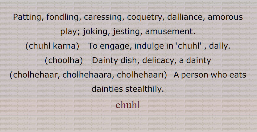 چُہل , چولھ, چُہل باز, چُہل بازی, چُہل مُٹّھی کرنا,چُہل مُہل, چُہلن, چُہلی, چُہلڑ, چُہلیا, چولھا,چُہلا, چولھے ہار,چولھا ہارا, چولھے  ہاری, چولھاں, چہل ,   چہل باز, چہل بازی, چہل مٹھی کرنا,چہل مہل, چہلن, چہلی, چہلڑ, چہلیا ,چہلا, chuhl karna, choolha, cholhehaar, cholhehaara, cholhehaari, chuhl,   ਚੁਹਲ, ਚੋਲ੍ਹ , ਚੋਲ੍ਹਾ,chulh, choolh,  choolh